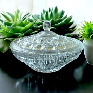 Vintage Indiana Glass Clear Covered Candy Dish Windsor Button Cane
